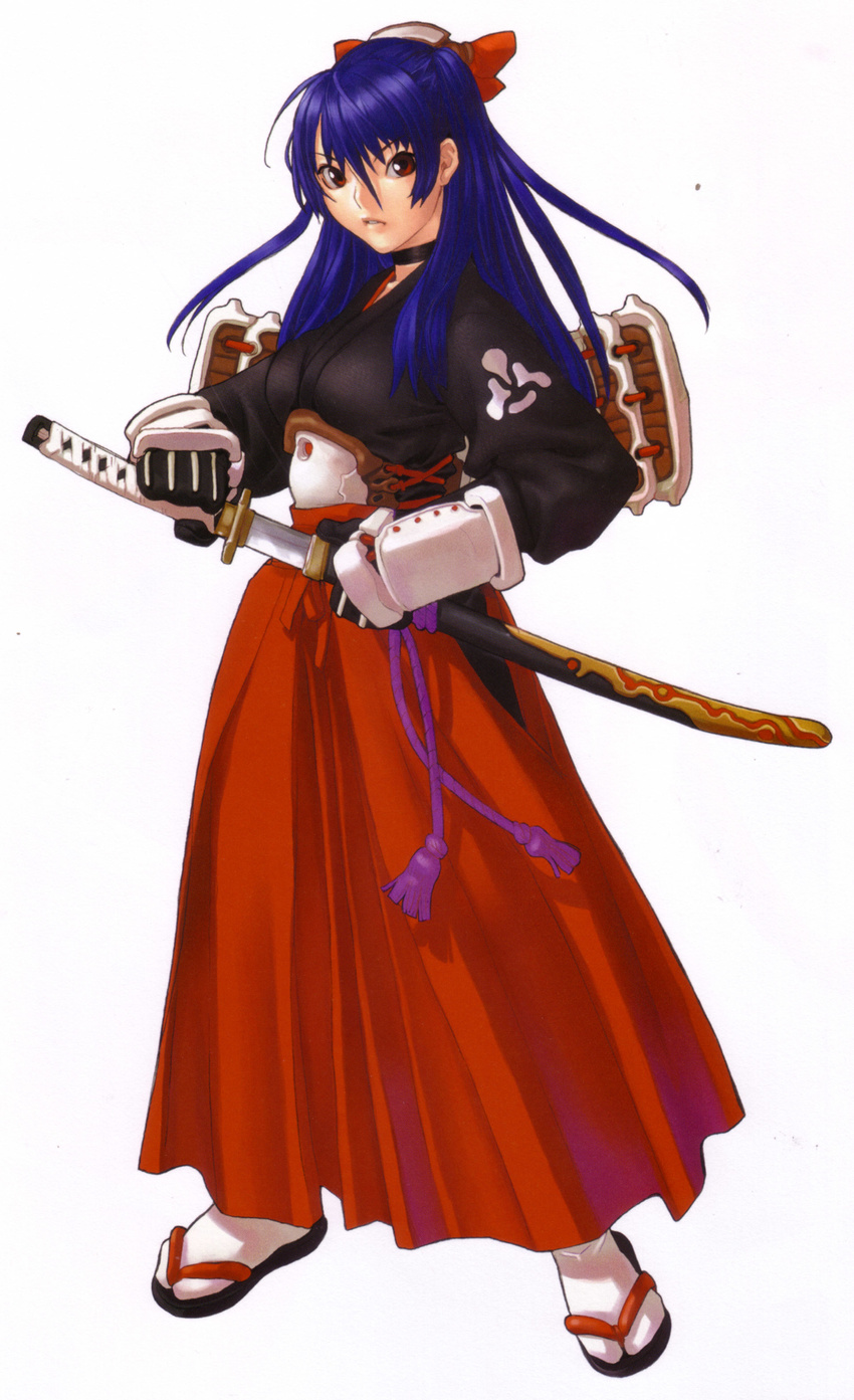 absurdres blue_hair choker copyright_request hakama hakua_ugetsu highres japanese_clothes katana long_hair red_eyes red_hakama samurai sandals sheath simple_background solo sword tabi unsheathing weapon white_background