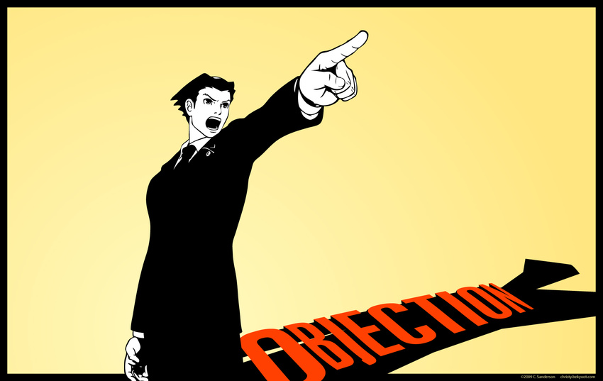 gyakuten_saiban objection open_mouth phoenix_wright pointing simple_background suit wallpaper