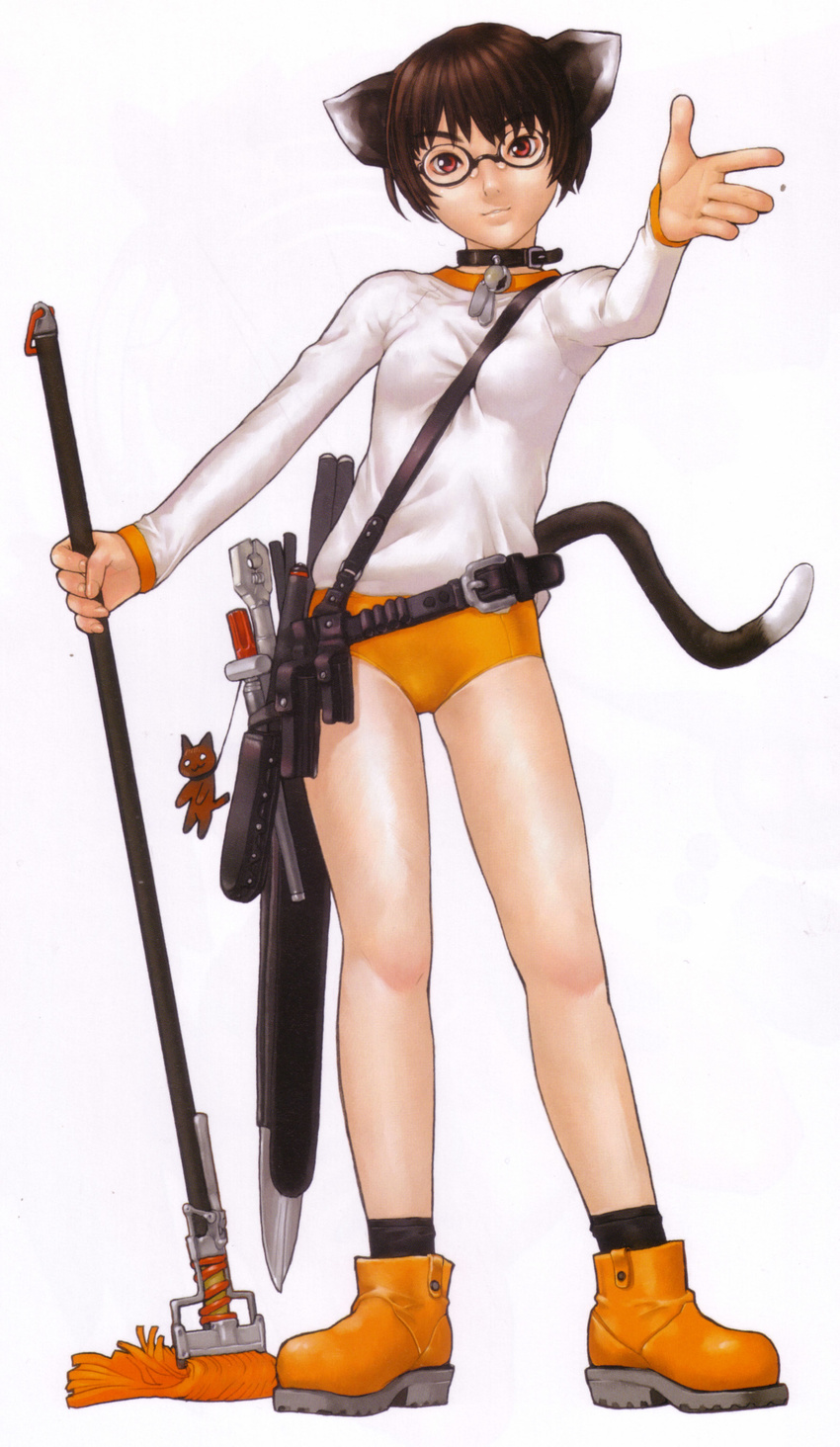 absurdres animal_ears brown_hair collar copyright_request glasses hakua_ugetsu highres panties red_eyes scan solo sword tail underwear weapon