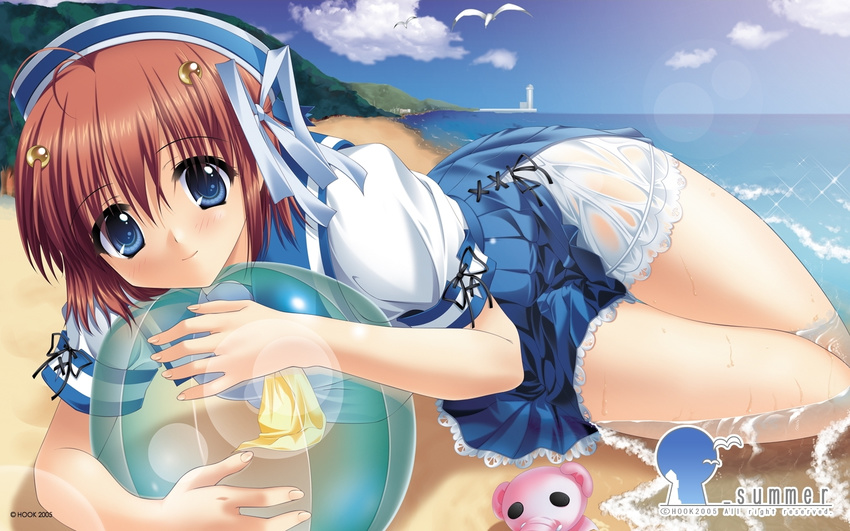 ball beach beachball blue_eyes brown_hair day hair_bobbles hair_ornament hair_ribbon hat highres kaizu_sana lying matsushita_makako ocean outdoors rakko_(makarakko) ribbon school_uniform see-through short_hair skirt smile solo underbar_summer wallpaper water wet wet_clothes