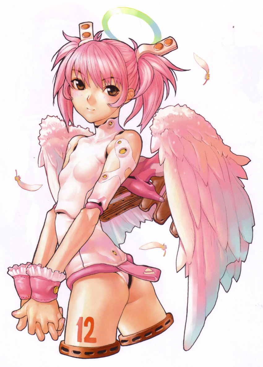 absurdres android angel angel_wings ass brown_eyes copyright_request cropped_legs detached_sleeves doll_joints feathers flat_ass flat_chest frills from_behind hair_ornament hakua_ugetsu halo hands_clasped highres leotard looking_back nail_polish own_hands_together pink_hair pink_nails scan short_hair short_twintails simple_background smile solo tattoo turtleneck twintails wings wrist_cuffs