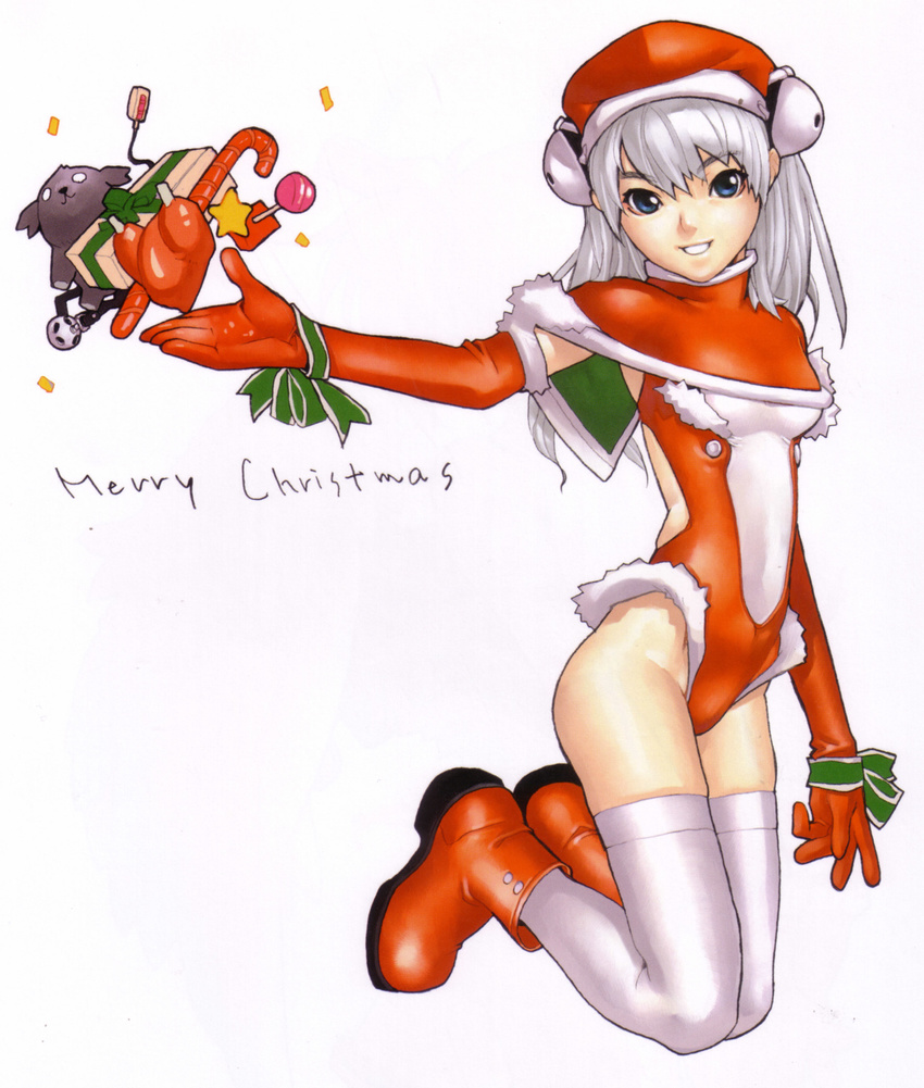absurdres blue_eyes boots bow christmas elbow_gloves gift grey_hair hakua_ugetsu hat kneeling scan smile solo thigh-highs