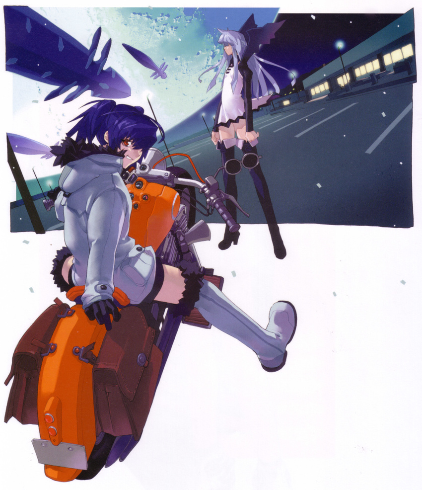 absurdres blue_hair boots copyright_request ground_vehicle hakua_ugetsu highres moon motor_vehicle motorcycle multiple_girls red_eyes scan thighhighs