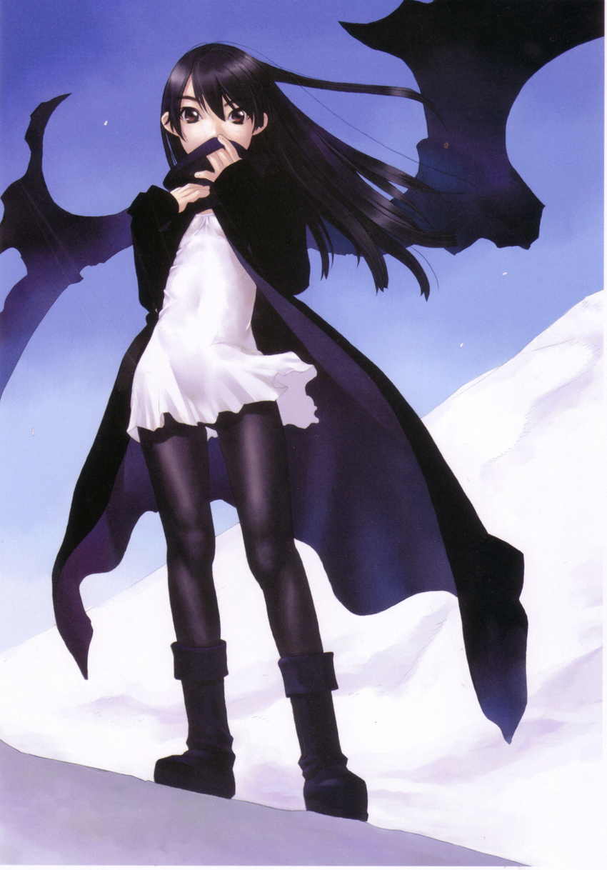 absurdres black_hair boots brown_eyes camisole hakua_ugetsu hand_over_mouth long_coat long_hair pantyhose portrait scan scarf sky solo wind