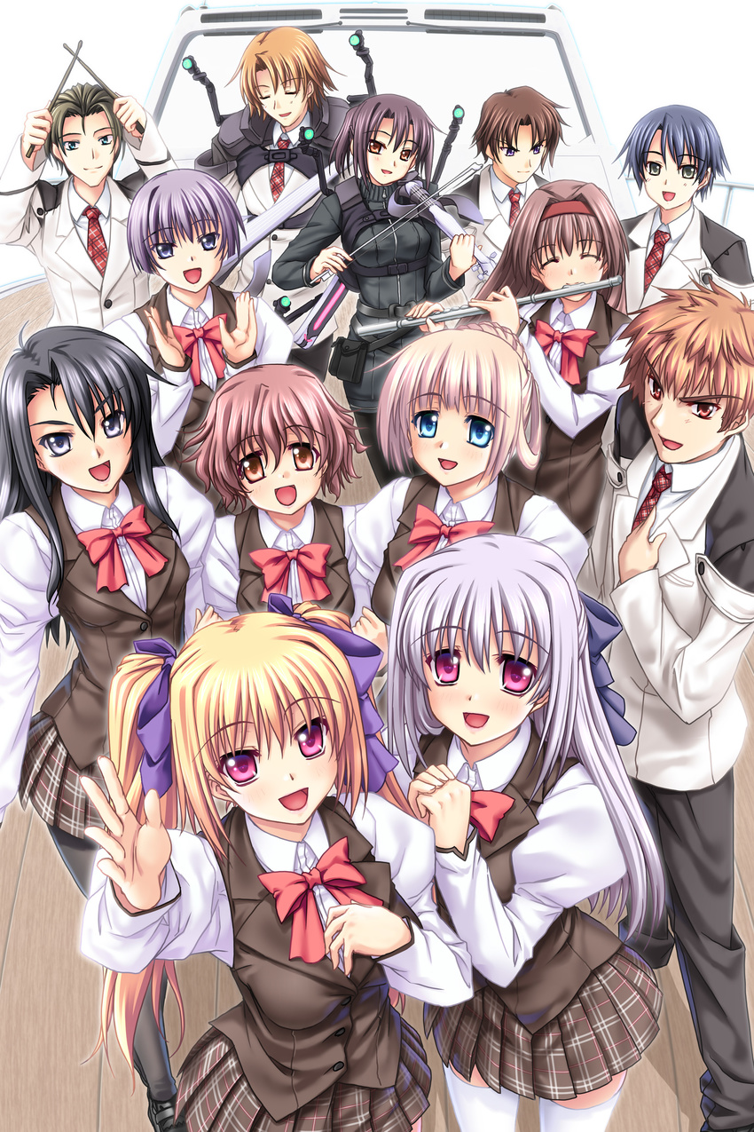 6+girls :d ^_^ absurdres black_hair blazer blonde_hair blue_hair blush bow bowtie brown_hair character_request closed_eyes drumsticks everyone flute grey_hair hair_bun hair_ribbon hairband hands highres instrument jacket kannatsuki_noboru komaro_danguis long_hair messy_hair multiple_boys multiple_girls necktie open_mouth orange_hair pantyhose pink_hair plaid plaid_skirt ponytail psyche_renbart ribbon school_uniform shinkyoku_soukai_polyphonica short_hair siblings silver_hair sisters skirt smile standing thighhighs tint tsuge_eufinley vest violin waving white_legwear yugiri_perserte yugiri_princesca zettai_ryouiki