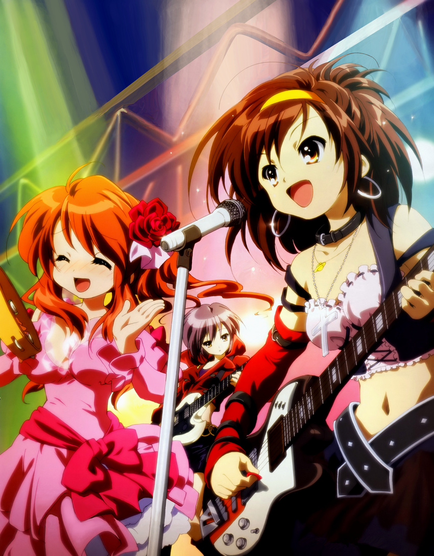 asahina_mikuru brown_hair earrings fingers guitar hands highres ikeda_shouko instrument jewelry megami microphone microphone_stand multiple_girls music nagato_yuki official_art palms scan short_hair singing suzumiya_haruhi suzumiya_haruhi_no_yuuutsu yellow_eyes