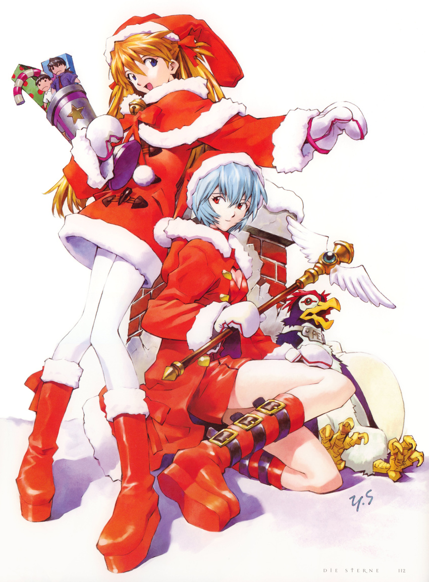 :d absurdres alternate_costume ayanami_rei bangs bell bird blue_eyes blue_hair boots bow bowtie breasts buckle candy candy_cane capelet character_doll chimney christmas cleavage cleavage_cutout coat coat_dress dress food from_side full_body fur_trim gem german gift hair_between_eyes hair_ribbon hand_on_own_thigh hat heart_cutout highres holding holding_wand hood hood_down ikari_shinji jingle_bell kaji_ryouji knee_boots long_hair looking_at_viewer mittens multiple_girls name_tag neon_genesis_evangelion official_art open_clothes open_coat open_mouth orange_hair outstretched_arm page_number pantyhose penguin penpen platform_footwear polka_dot pom_pom_(clothes) red_eyes red_footwear ribbon rooftop sack sadamoto_yoshiyuki santa_costume santa_hat scan shadow short_dress short_hair signature simple_background sitting slim_legs small_breasts smile snow souryuu_asuka_langley standing star two_side_up wand white_background white_legwear wings winter_clothes