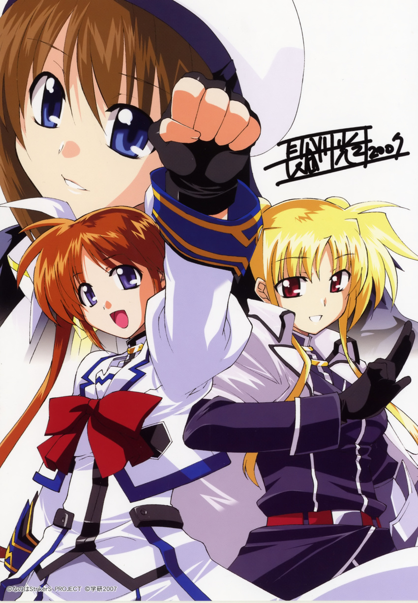 absurdres beret black_gloves blonde_hair blue_eyes bow bowtie brown_hair clenched_hand dress fate_testarossa fingerless_gloves gloves hasegawa_kouji hat highres looking_at_viewer lyrical_nanoha mahou_shoujo_lyrical_nanoha_strikers multiple_girls red_bow red_neckwear short_hair simple_background takamachi_nanoha text_focus white_background white_dress yagami_hayate