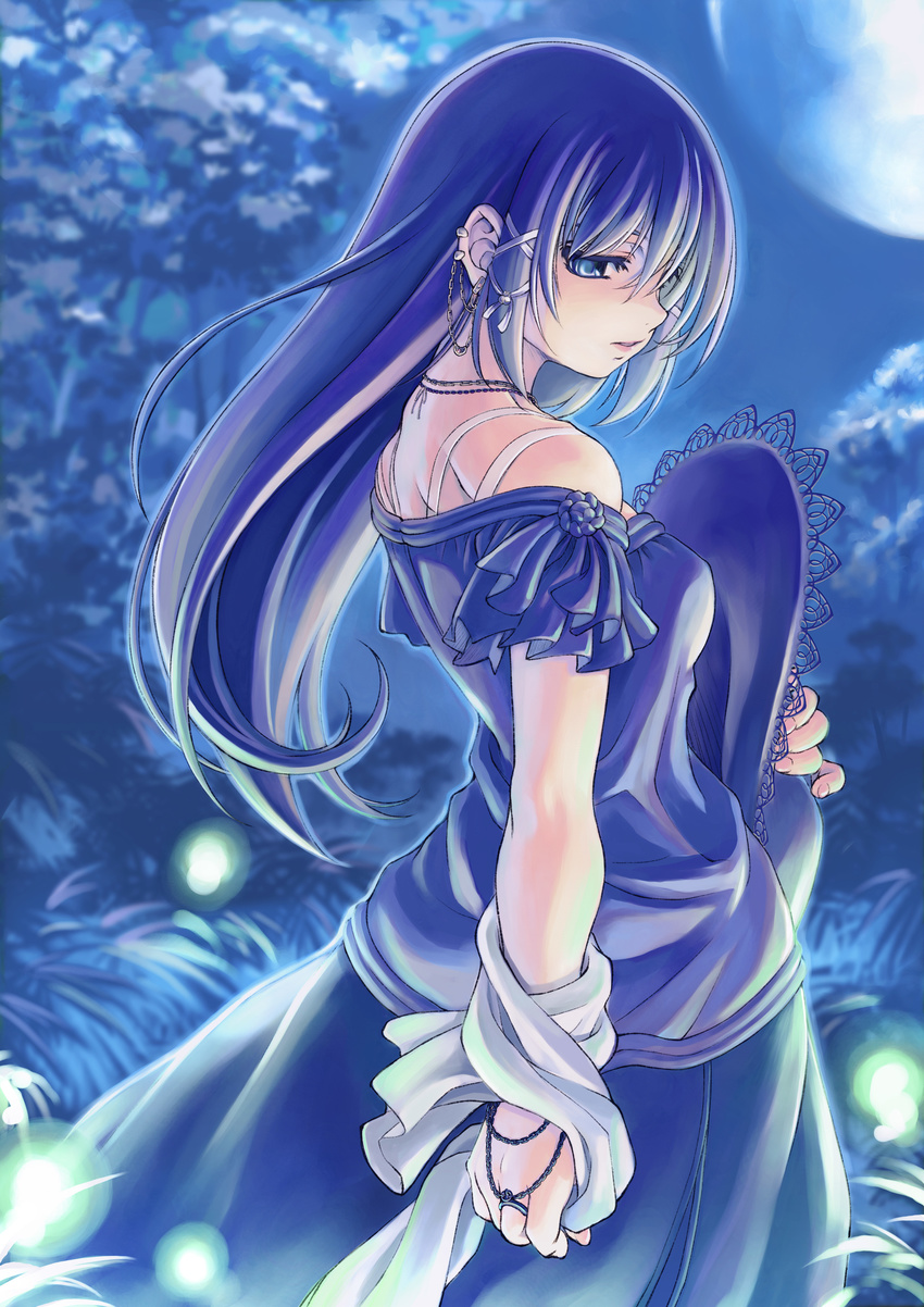 absurdres blue blue_dress blue_eyes blue_hair copyright_request cowboy_shot dress ear_piercing earrings full_moon hair_ribbon hat hat_removed headwear_removed highres holding holding_hat jewelry long_hair moon night non-web_source outdoors piercing ribbon solo xration