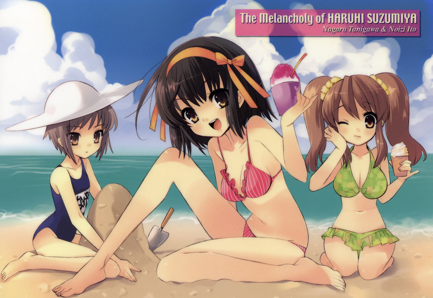 :d asahina_mikuru barefoot beach bikini black_school_swimsuit breasts brown_hair cleavage day feet floral_print food green_bikini hairband hand_on_own_cheek hat highres ice_cream itou_noiji long_legs looking_at_viewer multiple_girls nagato_yuki navel ocean one-piece_swimsuit open_mouth outdoors pinky_out red_bikini scan school_swimsuit seiza shaved_ice short_hair sitting smile striped sun_hat suzumiya_haruhi suzumiya_haruhi_no_yuuutsu swimsuit twintails vertical-striped_bikini vertical_stripes wariza