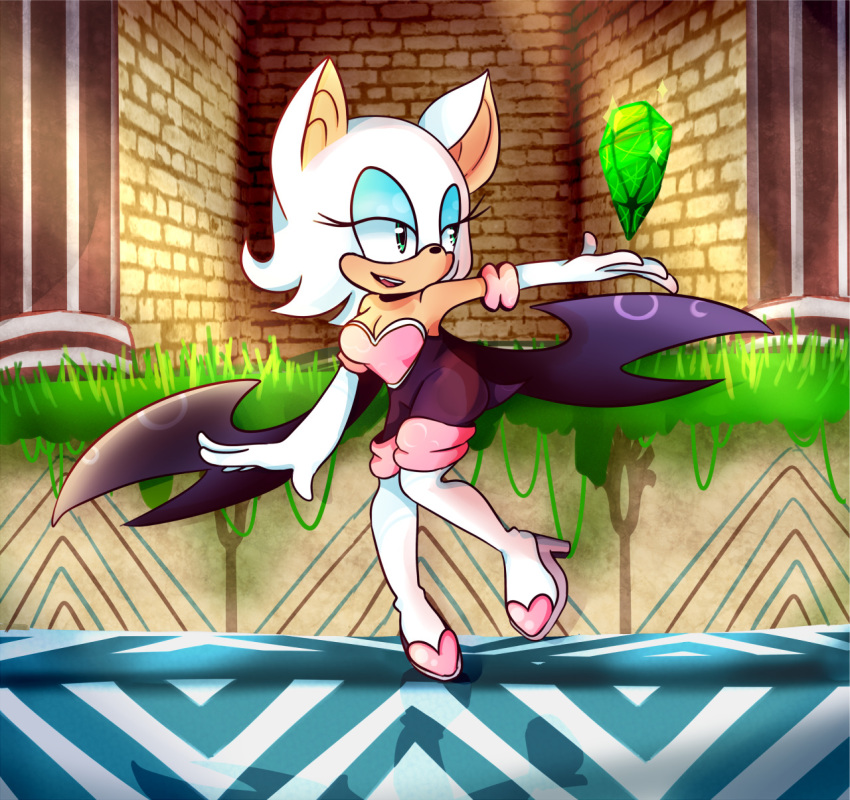 bat breasts emerald_(gem) female fur gem grass kzyune-archives2 mammal master_emerald rouge_the_bat sonic_(series) white_fur