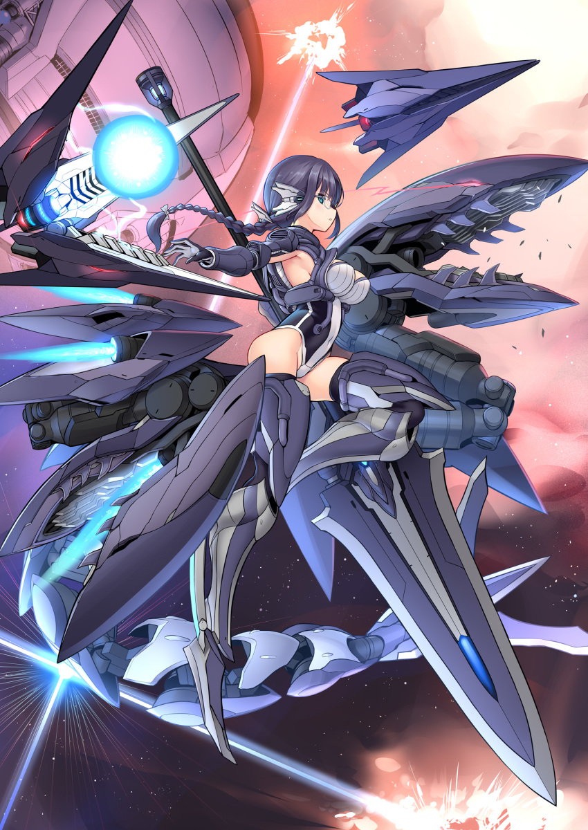 1girl alice_gear_aegis black_hair blue_eyes braid breasts covered_navel energy_ball explosion flying from_side glasses glowing glowing_eye highres holding holding_lance holding_polearm holding_weapon huge_weapon iinuma_toshinori lance leotard looking_at_viewer mecha_musume medium_breasts open_mouth original polearm red_eyes robot science_fiction sharp_teeth skin_tight solo space space_station teeth weapon