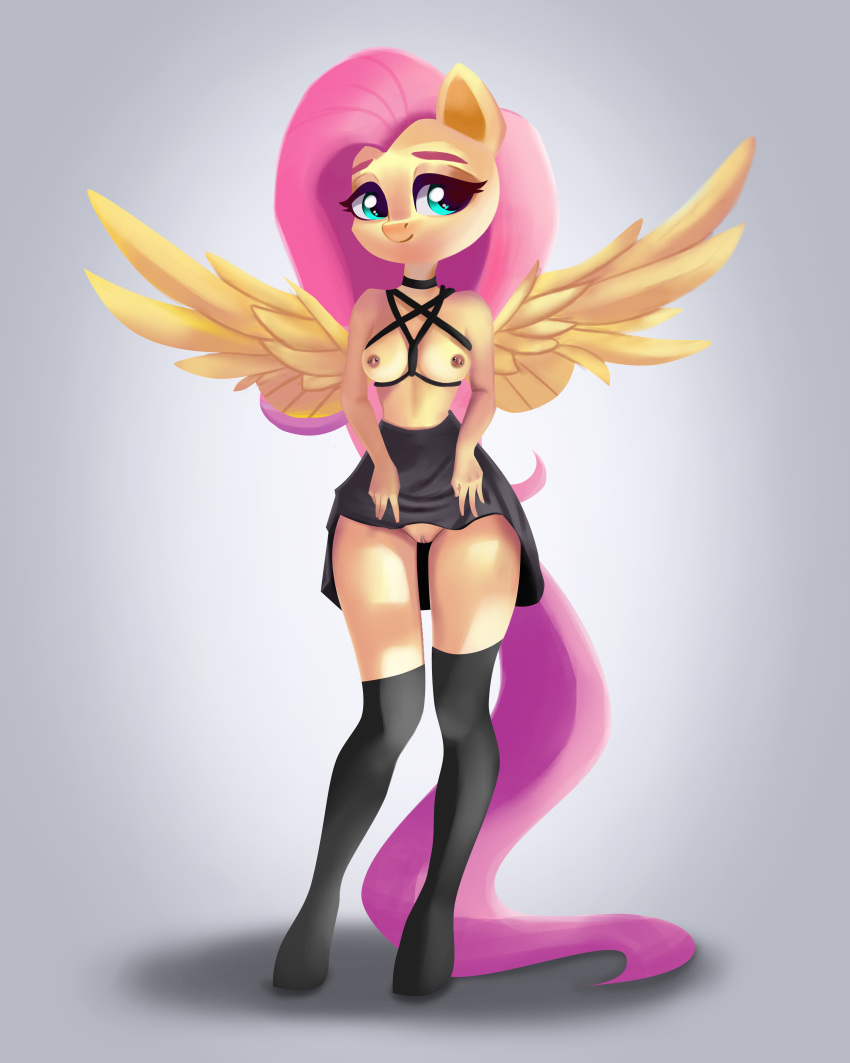 4:5 absurd_res anthro bdsm bedroom_eyes blue_mey bondage bottomwear bound breast_bondage breasts clothed clothing clothing_lift equid equine feathered_wings feathers female fluttershy_(mlp) friendship_is_magic genitals hasbro hi_res legwear looking_at_viewer mammal mostly_nude my_little_pony narrowed_eyes nipple_piercing nipples pegasus piercing pussy rope rope_bondage rope_harness seductive skirt skirt_lift smile solo spread_wings stockings thigh_highs unguligrade_anthro wings