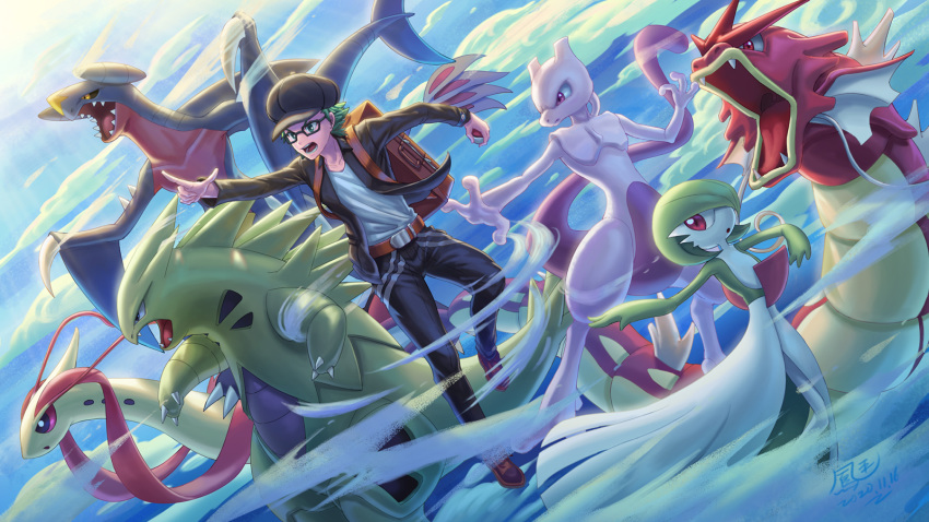 1boy backpack bag bangs belt black_headwear black_jacket black_pants brown_belt commentary_request dated from_side garchomp gardevoir gen_1_pokemon gen_2_pokemon gen_3_pokemon gen_4_pokemon glasses gyarados hat highres ho-oh_(artist) holding holding_poke_ball jacket legendary_pokemon long_sleeves mewtwo milotic open_mouth pants pointing poke_ball poke_ball_(basic) pokemon sharp_teeth shirt signature solo teeth tyranitar white_shirt