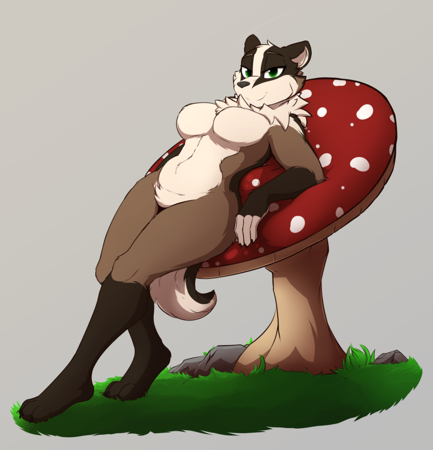 4_toes 5_fingers anthro badger bedroom_eyes big_breasts black_body black_fur black_nose breasts brown_body brown_fur featureless_breasts female fingers fungus fur grass green_eyes hi_res infinitedge2u mammal mushroom mustelid musteline narrowed_eyes seductive smile solo toes