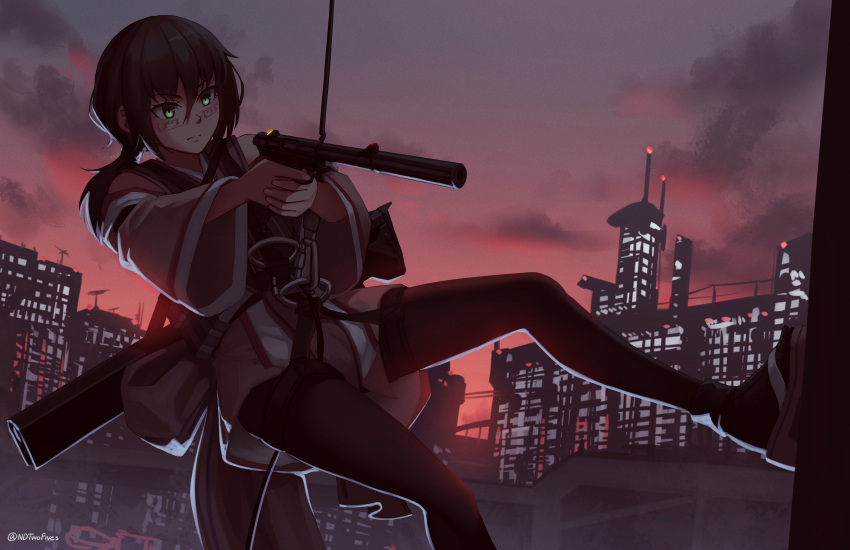 1girl bangs black_hair black_legwear brown_footwear brown_kimono building closed_mouth cloud commentary english_commentary eyebrows_visible_through_hair facial_mark green_eyes gun hair_between_eyes handgun highres holding holding_gun holding_weapon japanese_clothes kimono long_hair long_sleeves low_ponytail ndtwofives original outdoors pantyhose pistol ponytail rappelling short_kimono sidelocks sky skyscraper socks socks_over_pantyhose solo sunset suppressor weapon weapon_request wide_sleeves
