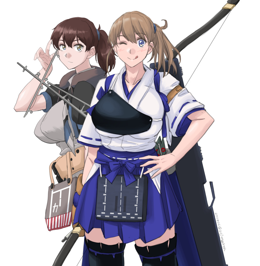 2girls alternate_costume alternate_hairstyle black_legwear black_shirt blue_eyes blue_hakama bow_(weapon) breasts brown_gloves brown_hair cosplay costume_switch flight_deck gloves grey_eyes grey_neckwear grey_shirt grey_skirt hakama hakama_skirt highres holding holding_bow_(weapon) holding_weapon intrepid_(kantai_collection) intrepid_(kantai_collection)_(cosplay) japanese_clothes kaga_(kantai_collection) kaga_(kantai_collection)_(cosplay) kantai_collection large_breasts light_brown_hair long_hair multicolored_neckwear multiple_girls muneate neck_pillow one_eye_closed partially_fingerless_gloves ponytail shirt short_sidetail short_sleeves side_ponytail single_glove skirt smile sozan standing tasuki thighhighs undersized_clothes weapon yugake yumi_(bow)