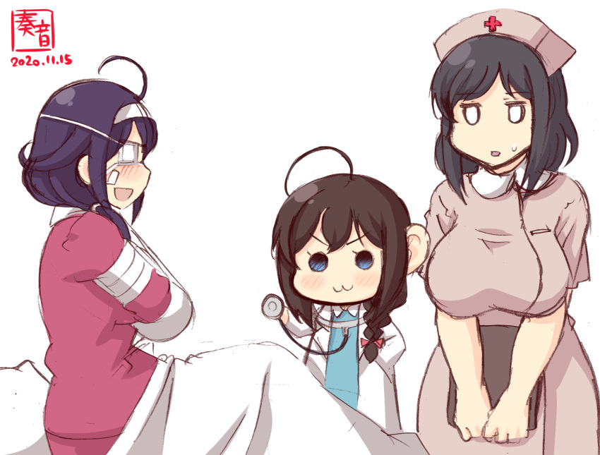 3girls :3 ahoge alternate_costume arm_sling artist_logo bandaged_arm bandages black_hair blanket blue_eyes braid brown_hair cast child clipboard commentary_request dated doctor eyepatch hair_over_shoulder hairband hat highres holding holding_clipboard kanon_(kurogane_knights) kantai_collection labcoat low_twintails multiple_girls nurse nurse_cap open_mouth pillow purple_hair ryuuhou_(kantai_collection) shigure_(kantai_collection) short_hair simple_background single_braid smile stethoscope taigei_(kantai_collection) twintails white_background white_hairband yamashiro_(kantai_collection) younger