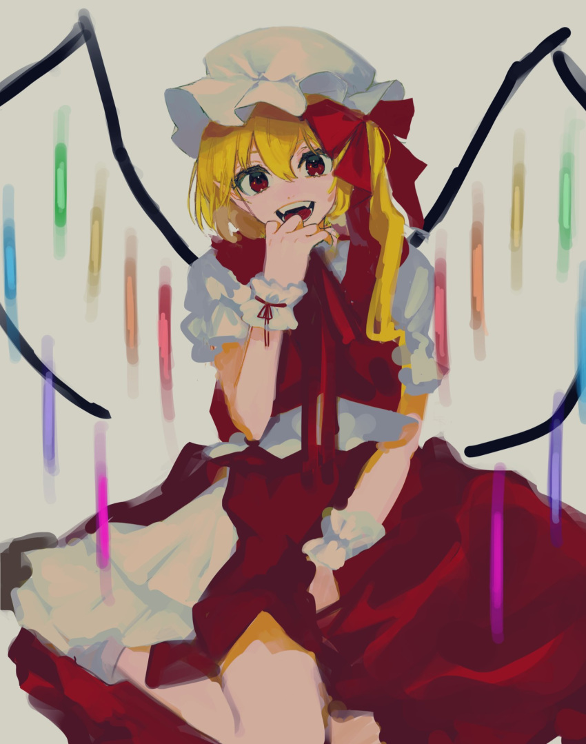 1girl :d between_legs blonde_hair bow commentary_request crystal eyebrows_behind_hair flandre_scarlet gotagotay hair_between_eyes hair_bow hand_between_legs hand_to_own_mouth hat highres looking_at_viewer mob_cap one_side_up open_mouth petticoat puffy_short_sleeves puffy_sleeves red_bow red_eyes red_neckwear red_ribbon red_skirt red_vest ribbon shirt short_hair short_sleeves simple_background sitting skirt smile socks solo teeth touhou vest white_background white_headwear white_legwear white_shirt wings wrist_cuffs yokozuwari