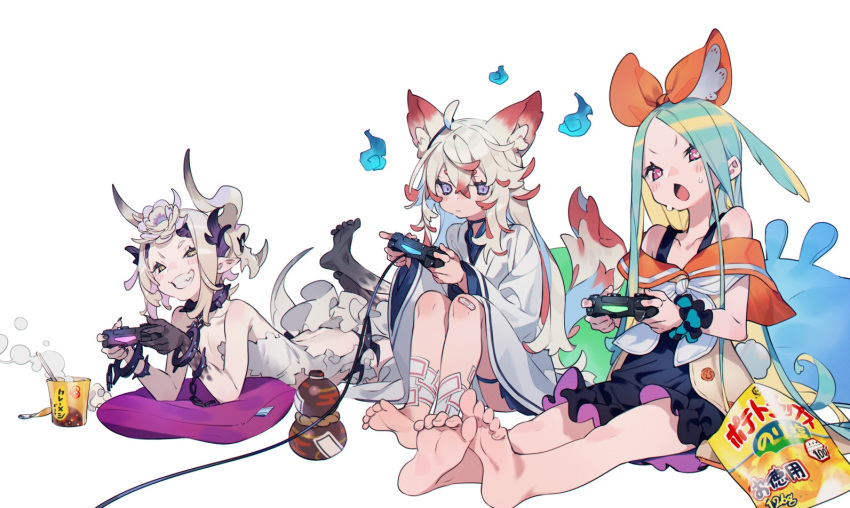 animal_ears aqua_hair barefoot blush bukurote chain collar demon dress drink fire flat_chest food foxgirl game_console garter horns japanese_clothes ofuda original pointed_ears purple_eyes red_eyes sake shackles tail third-party_edit white white_hair wristwear yellow_eyes