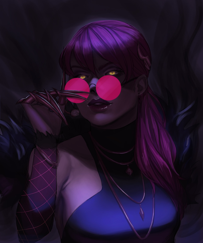 1boy absurdres claws dark demon_girl eyewear_removed glasses glowing glowing_eyes highres jewelry k/da_(league_of_legends) k/da_evelynn league_of_legends lipstick long_hair looking_at_viewer makeup necklace purple_hair solo succubus tamarussia