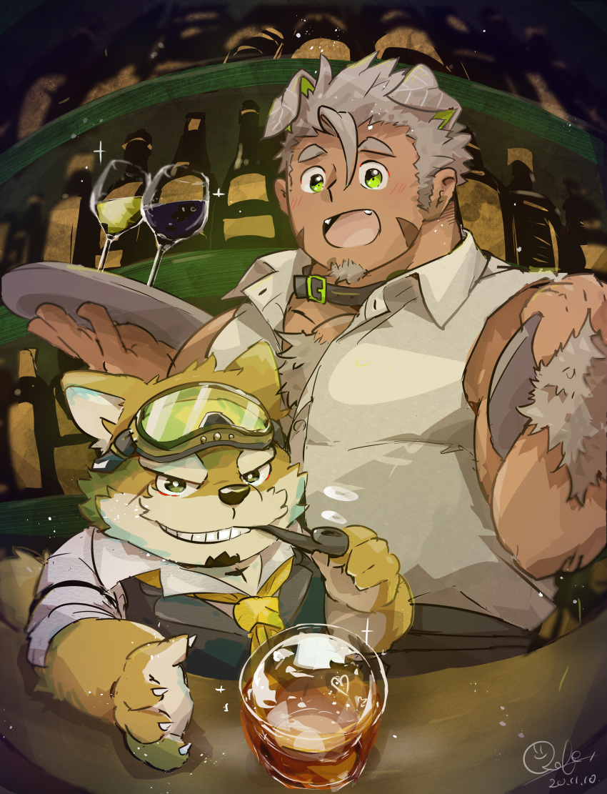 absurd_res alcohol anthro bartender beverage canid canine canis collar domestic_dog duo eyewear fur goggles gomeisa hi_res live-a-hero male mammal muscular muscular_male necktie pipe procy raferafe short_stack smoking yellow_body yellow_fur