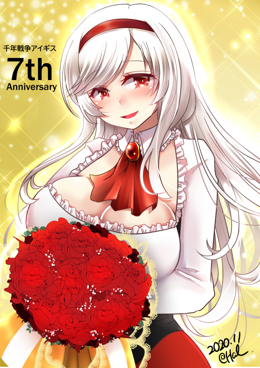 1girl anna_(sennen_sensou_aigis) anniversary bangs blush bouquet breasts brooch cleavage dated flower frills hal_(harun) headband highres holding holding_bouquet jewelry large_breasts long_hair looking_at_viewer open_mouth parted_bangs red_eyes red_headband red_neckwear sennen_sensou_aigis smile solo sparkle very_long_hair yellow_background