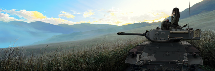 2girls black_hair caterpillar_tracks cloud commentary_request cup day grass ground_vehicle hammer highres isonokami_furu jerry_can long_hair m41_walker_bulldog military military_vehicle motor_vehicle mountain multiple_girls original sky steam sun tank world_of_tanks