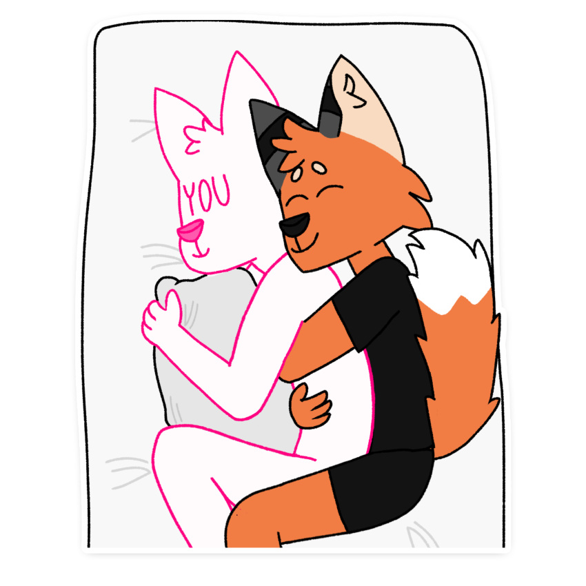 1:1 alpha_channel ambiguous_gender anthro bed biped black_nose canid canine clothing cuddling dark_clothing duo fingers fox fur furniture hair happy hi_res hug male mammal markings mattress molten_(character) molten_fox monotone_clothing orange_body orange_fur outline shirt simple_background sticker t-shirt tail_tuft telegram_stickers topwear translucent tuft