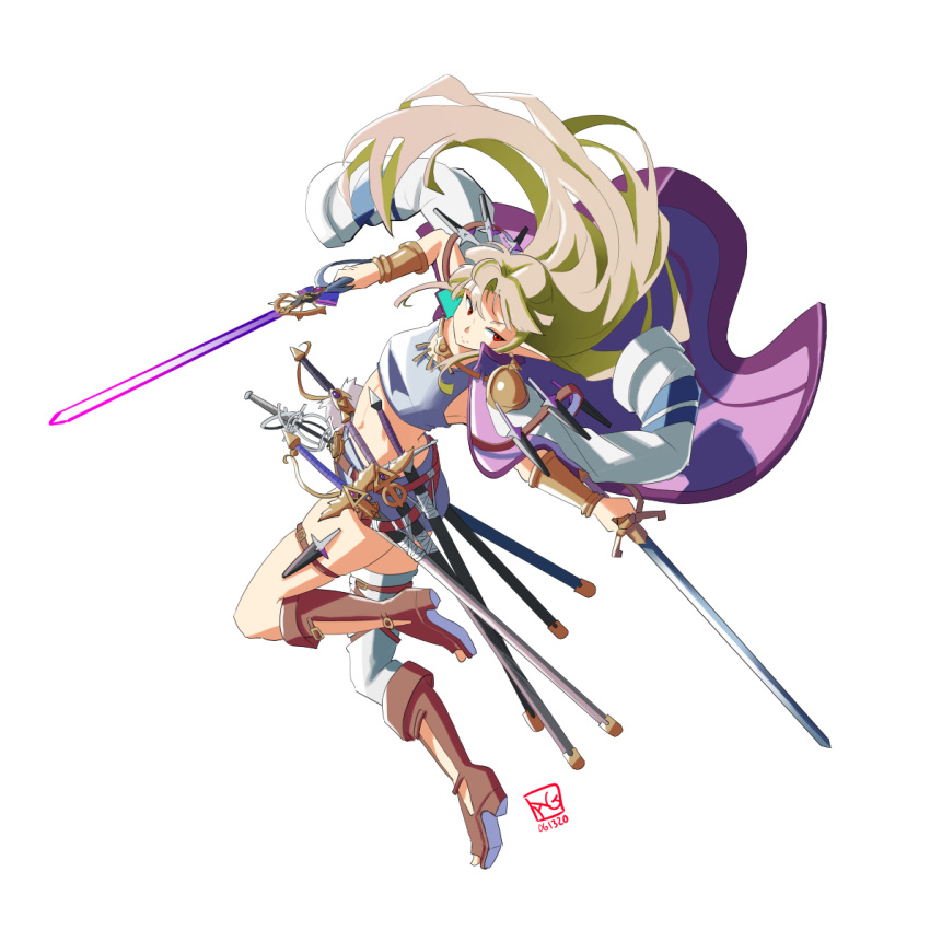 1girl alternate_costume automatic_giraffe blonde_hair crop_top dated dual_wielding dynamic_pose energy_sword english_commentary floating floating_clothes floating_hair holding holding_sword holding_weapon jacket jacket_on_shoulders long_hair long_pointy_ears looking_back midriff navel pointy_ears princess_zelda red_eyes sheath sheathed single_thighhigh solo sword the_legend_of_zelda the_legend_of_zelda:_a_link_between_worlds thighhighs weapon