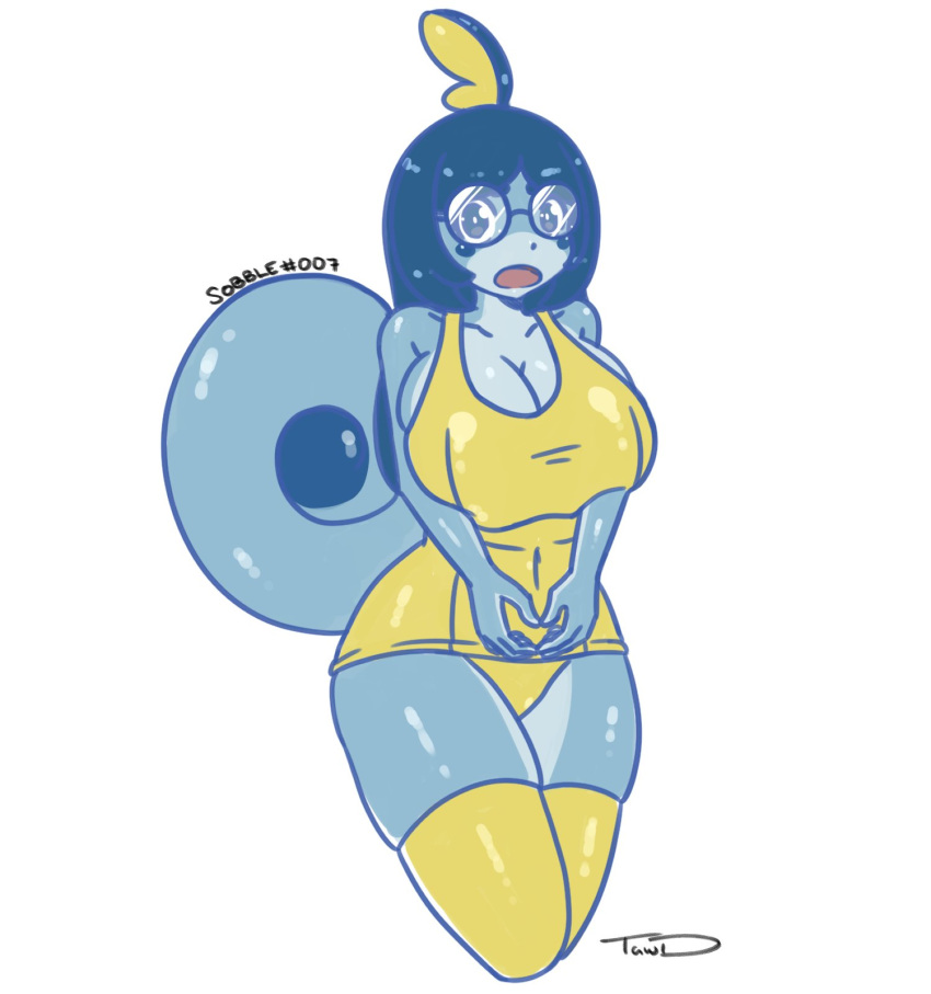 2019 alternate_species animal_humanoid big_breasts blue_body blue_eyes blue_hair breast_squish breasts cleavage clothed clothing eyewear female glasses hair hi_res huge_breasts humanoid humanoidized long_hair nintendo one-piece_swimsuit open_mouth pok&eacute;mon pok&eacute;mon_(species) pok&eacute;morph scalie scalie_humanoid shy simple_background sobble solo squish swimwear that-girl-whodraws video_games yellow_clothing yellow_swimwear