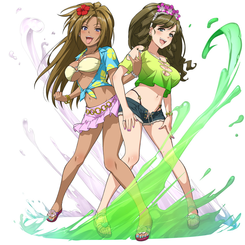 2girls aqua_eyes bangs bikini_skirt blue_eyes bracelet breasts brown_hair cleavage_cutout clenched_hand clothing_cutout cropped_shirt denim denim_shorts earrings eyebrows_visible_through_hair eyewear_on_head floral_print flower hair_flower hair_ornament hands_on_own_thighs hibiscus high_ponytail highres hoop_earrings jewelry kandagawa_jet_girls long_hair midriff mole mole_on_breast multiple_girls nail_polish naruko_hanaharu navel necklace o-ring o-ring_bikini o-ring_top official_art open_mouth pink_nails pink_skirt ring sandals shirt short_shorts short_sleeves shorts shoulder_cutout skirt splashing standing stud_earrings tan tied_shirt toenail_polish tongue tongue_out transparent_background