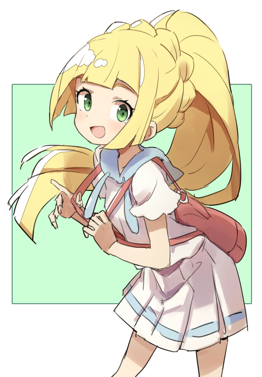 1girl absurdres backpack bag bangs blonde_hair blush dress gazacy_(dai) green_eyes highres lillie_(pokemon) long_hair open_mouth pokemon pokemon_(game) pokemon_sm ponytail simple_background solo two-tone_background white_dress