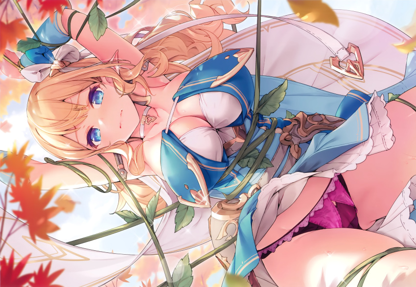 aqua_eyes autumn azumi_akitake blonde_hair bondage breasts cameltoe cape choker cleavage dress leaves long_hair melonbooks original panties pointed_ears scan skirt_lift underwear