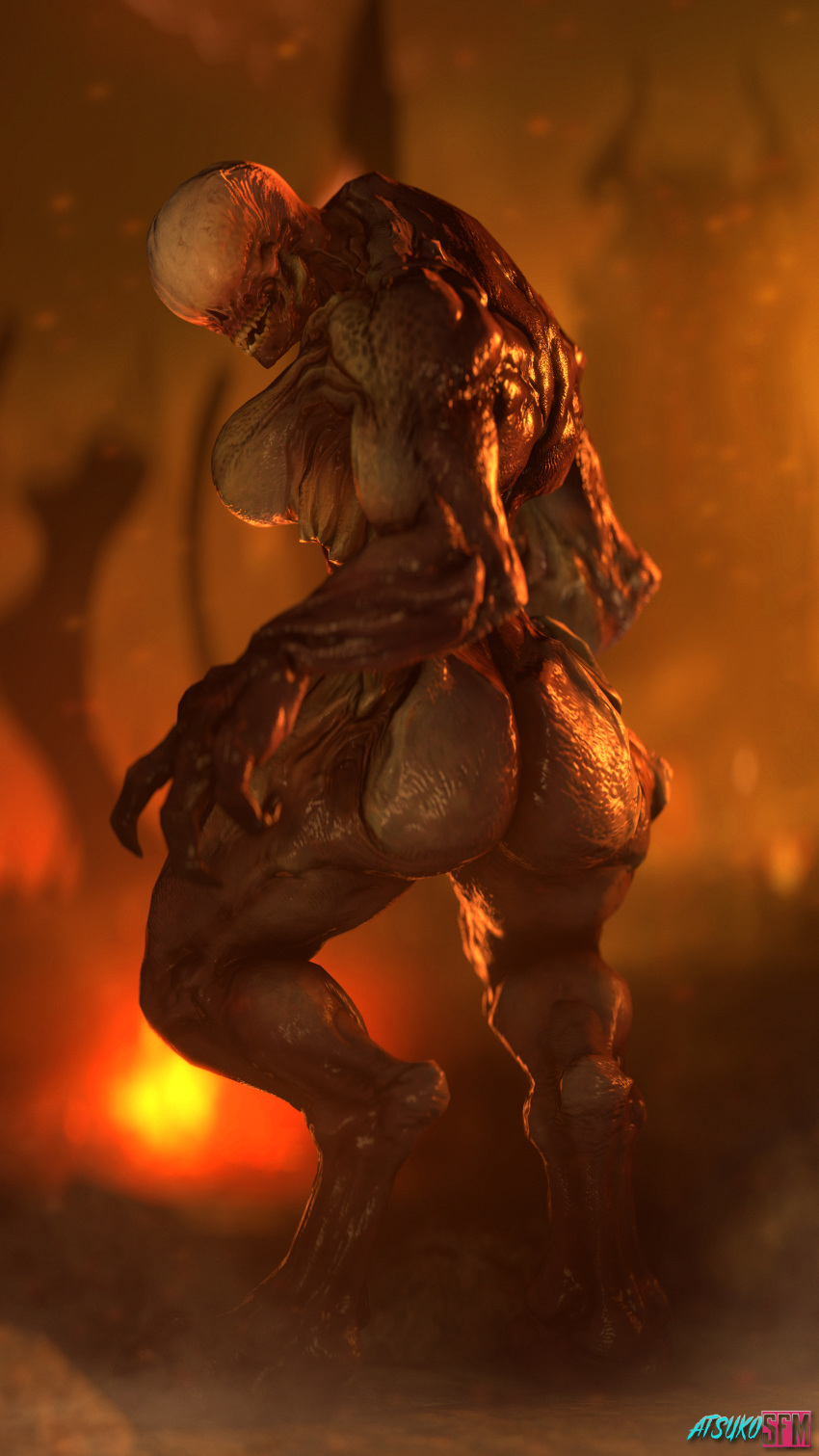 3d_(artwork) 4k 9:16 absurd_res atsukosfm_(artist) big_breasts big_butt breasts butt claws demon digital_media_(artwork) doom_(series) eyeless featureless_breasts female fire hell_knight hi_res id_software looking_at_viewer looking_back muscular muscular_female not_furry solo source_filmmaker teeth video_games