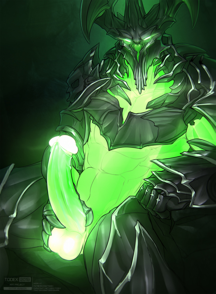 2019 abs absurd_res armor balls clothed clothing colored demon dhuum_(guild_wars) digital_media_(artwork) erection gauntlets genitals gloves glowing glowing_body glowing_eyes glowing_genitalia glowing_penis green_body green_skin guild_wars handwear headgear hi_res humanoid humanoid_genitalia humanoid_penis male muscular muscular_humanoid muscular_male not_furry partially_clothed pauldron penis shaded solo text todex url video_games watermark