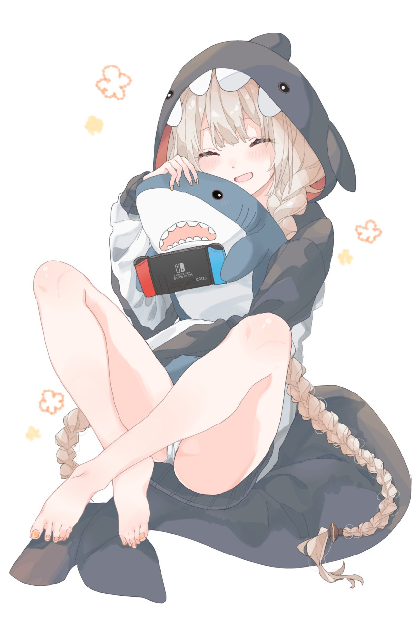 1girl animal_costume bare_legs braid closed_eyes crossed_ankles highres holding holding_stuffed_toy ikea_shark kizuna_akari knees_up konpe_itou light_brown_hair long_hair long_sleeves nintendo_switch object_hug open_mouth pajamas panties solo stuffed_animal stuffed_shark stuffed_toy twin_braids underwear very_long_hair vocaloid voiceroid white_background white_panties