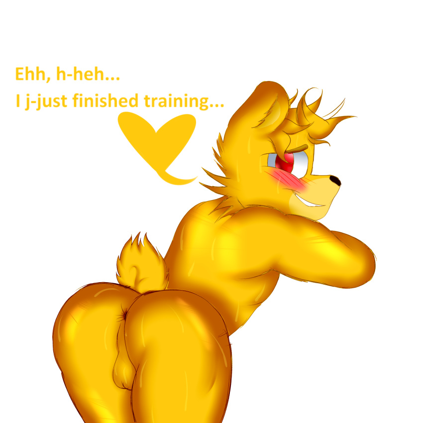 &lt;3 1:1 anthro anus balls biceps big_butt blonde_hair blush bodily_fluids bubble_butt butt butt_focus cute_expression five_nights_at_freddy's fluffy fluffy_tail fur genitals golden_freddy_(fnaf) hair hi_res jflare205 leaning leaning_forward male mammal muscular muscular_anthro muscular_male red_eyes smile solo sweat sweaty_balls sweaty_genitalia thick_thighs triceps ursid ursine video_games yellow_balls yellow_body yellow_fur