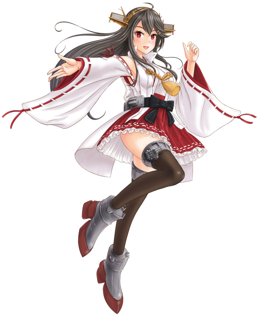 1girl bare_shoulders black_hair boots camouflage cannon dazzle_paint detached_sleeves frilled_skirt frills full_body hair_ornament hairband hairclip haruna_(kantai_collection) headgear highres japanese_clothes kantai_collection long_hair nontraditional_miko original_remodel_(kantai_collection) red_eyes red_skirt remodel_(kantai_collection) ribbon-trimmed_sleeves ribbon_trim rigging skirt skypixter solo thigh_boots thighhighs turret wide_sleeves