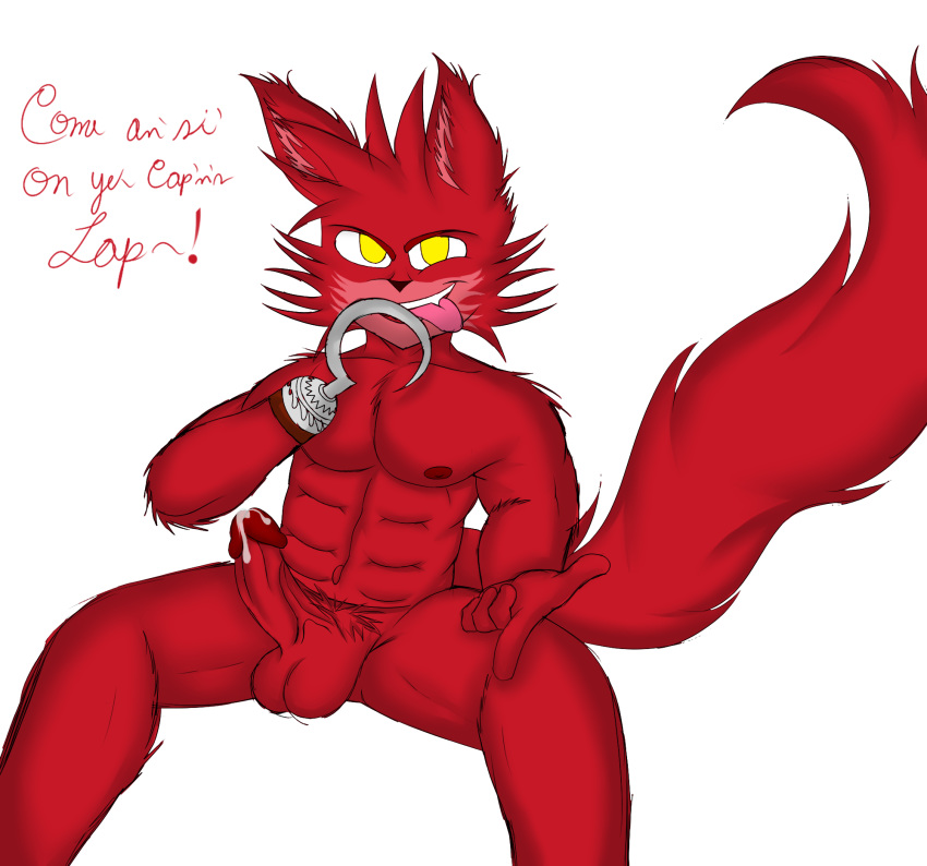 5_fingers abs anthro balls bedroom_eyes biceps bodily_fluids canid canine fingers five_nights_at_freddy's fluffy fluffy_tail fox foxy_(fnaf) fur genital_fluids genitals hi_res hook hook_hand invisible_chair jflare205 male mammal muscular muscular_anthro muscular_male narrowed_eyes nipples pecs penis precum precum_drip red_balls red_body red_fur red_nipples red_penis seductive sitting solo thick_thighs tongue tongue_out vein veiny_penis video_games yellow_eyes