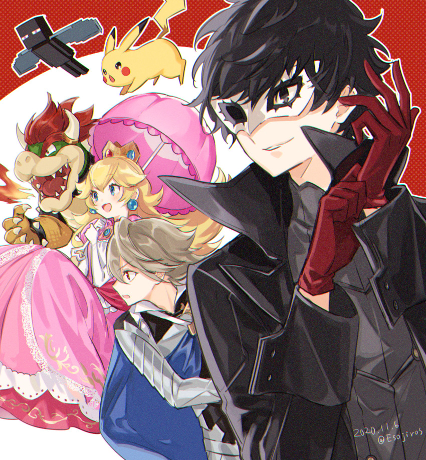 1girl 3boys adjusting_clothes adjusting_gloves bangs black_eyes black_hair black_jacket blonde_hair blush bowser breathing_fire corrin_(fire_emblem) corrin_(fire_emblem)_(male) crown dated dress earrings enderman fire fire_emblem fire_emblem_fates gen_1_pokemon gloves grey_hair highres horns jacket jewelry long_hair mario_(series) mask minatsuki_(lapislazzuli169) minecraft multiple_boys open_mouth parasol persona persona_5 pink_dress pointy_ears pokemon_(creature) princess_peach red_eyes red_gloves simple_background super_smash_bros. twitter_username two-tone_background umbrella wings