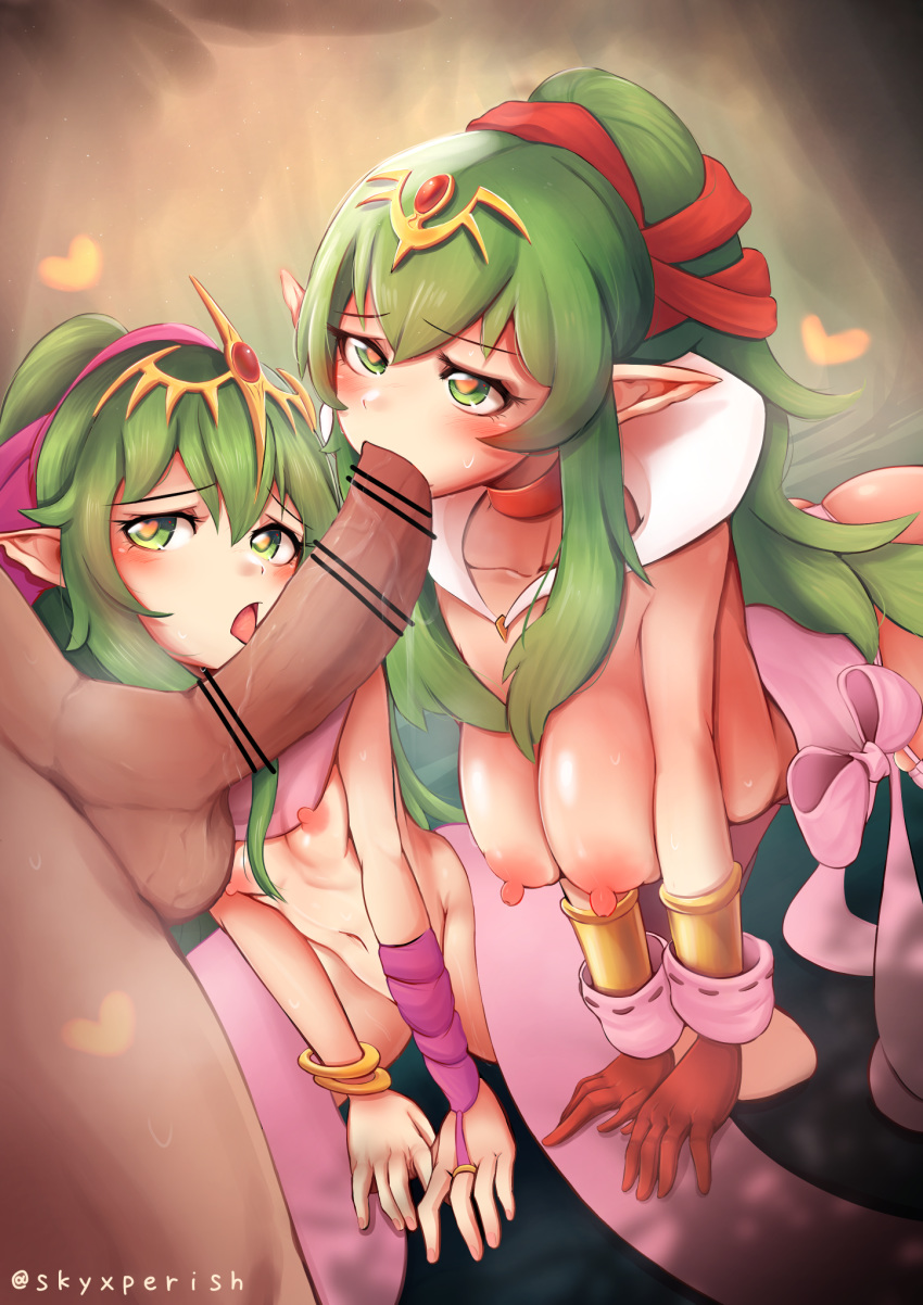 1boy 2girls bangle bar_censor bracelet breasts censored choker dual_persona fellatio ffm_threesome fire_emblem fire_emblem:_mystery_of_the_emblem fire_emblem_awakening fire_emblem_heroes gloves green_eyes green_hair group_sex hair_ornament heart heart-shaped_pupils highres jewelry kneeling large_breasts large_penis long_hair manakete multiple_fellatio multiple_girls navel nipples oral penis pointy_ears ponytail red_choker red_gloves skyxperish symbol-shaped_pupils testicles threesome tiara tiki_(fire_emblem)