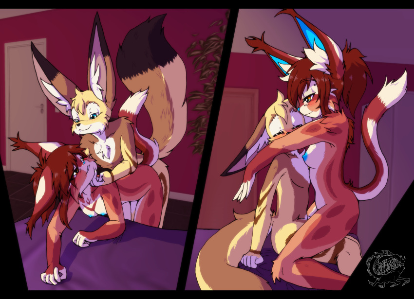 absurd_res anthro bed blush breasts canid canine duo embrace felid feline female fenfenkiry fennec fox furniture hi_res inside kerry kerrydark kiry lynx male male/female mammal small_breasts teasing