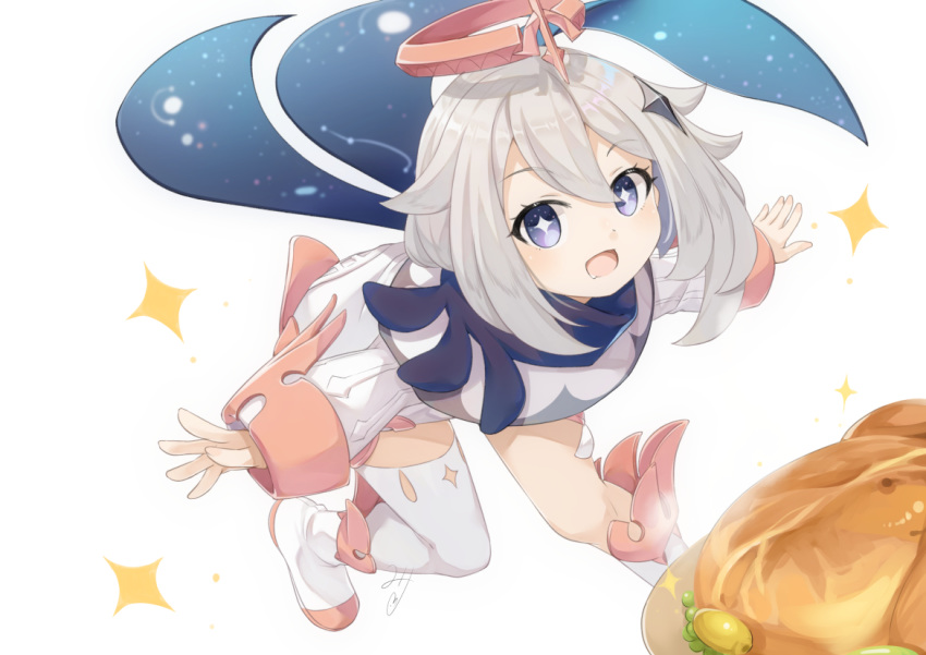 +_+ 1girl :d bangs black_scarf blue_eyes blush bright_pupils chicken_(food) commentary_request constellation dress eyebrows_visible_through_hair fairy floating food full_body genshin_impact hair_between_eyes hair_ornament halo leaning_forward long_sleeves looking_at_viewer miri_(ago550421) mouth_drool open_mouth outstretched_arms paimon_(genshin_impact) scarf shadow short_hair sidelocks simple_background single_thighhigh smile solo sparkle steam thighhighs thighhighs_under_boots white_background white_dress white_footwear white_hair white_legwear