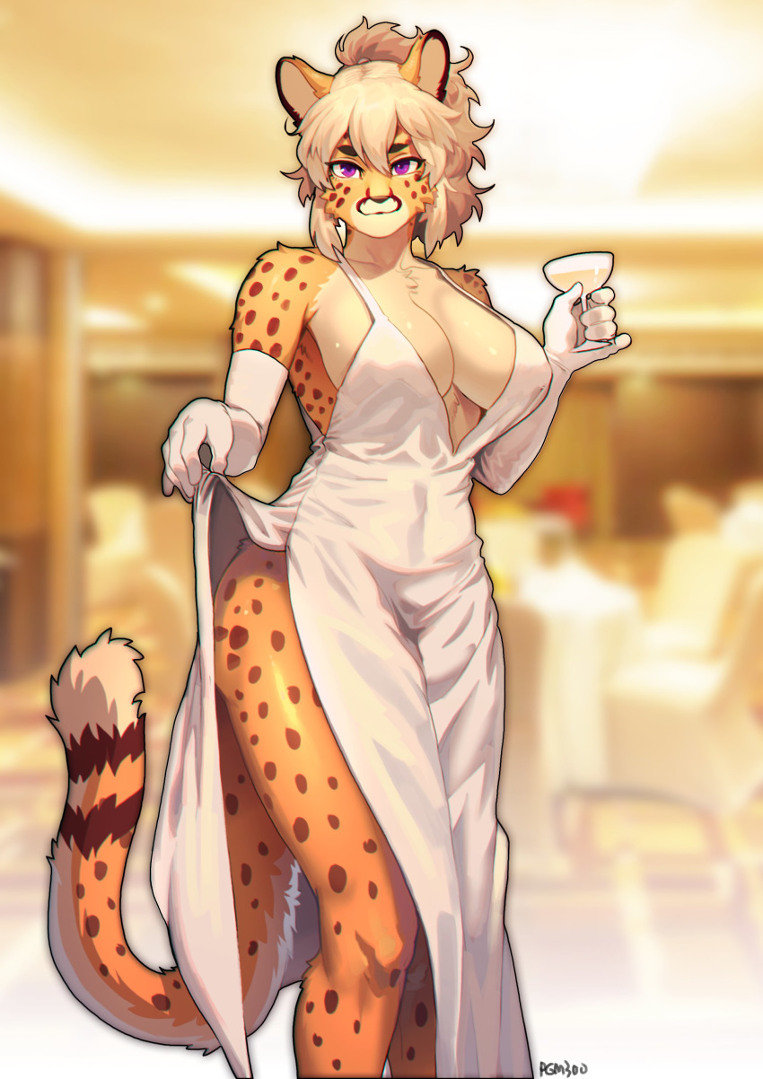 2020 absurd_res alexandra_(velocitycat) anthro armwear beverage big_breasts blonde_hair breasts cheetah cleavage clothed clothing clothing_lift dress dress_lift elbow_gloves eyelashes felid feline female fur glass gloves hair handwear hi_res holding_drink inside looking_at_viewer mammal orange_body orange_fur pgm300 pinup pose purple_eyes side_boob slit_dress solo spots spotted_body spotted_fur standing white_clothing white_dress white_gloves wide_hips