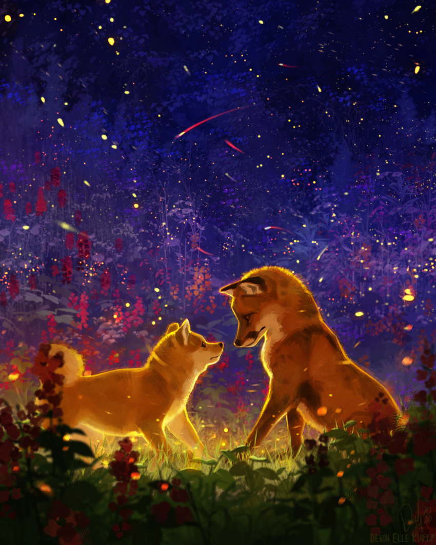 2020 ambiguous_gender canid canine canis detailed_background digital_media_(artwork) domestic_dog duo english_text feral fox grass hi_res mammal night outside shiba_inu sitting spitz tamberella text