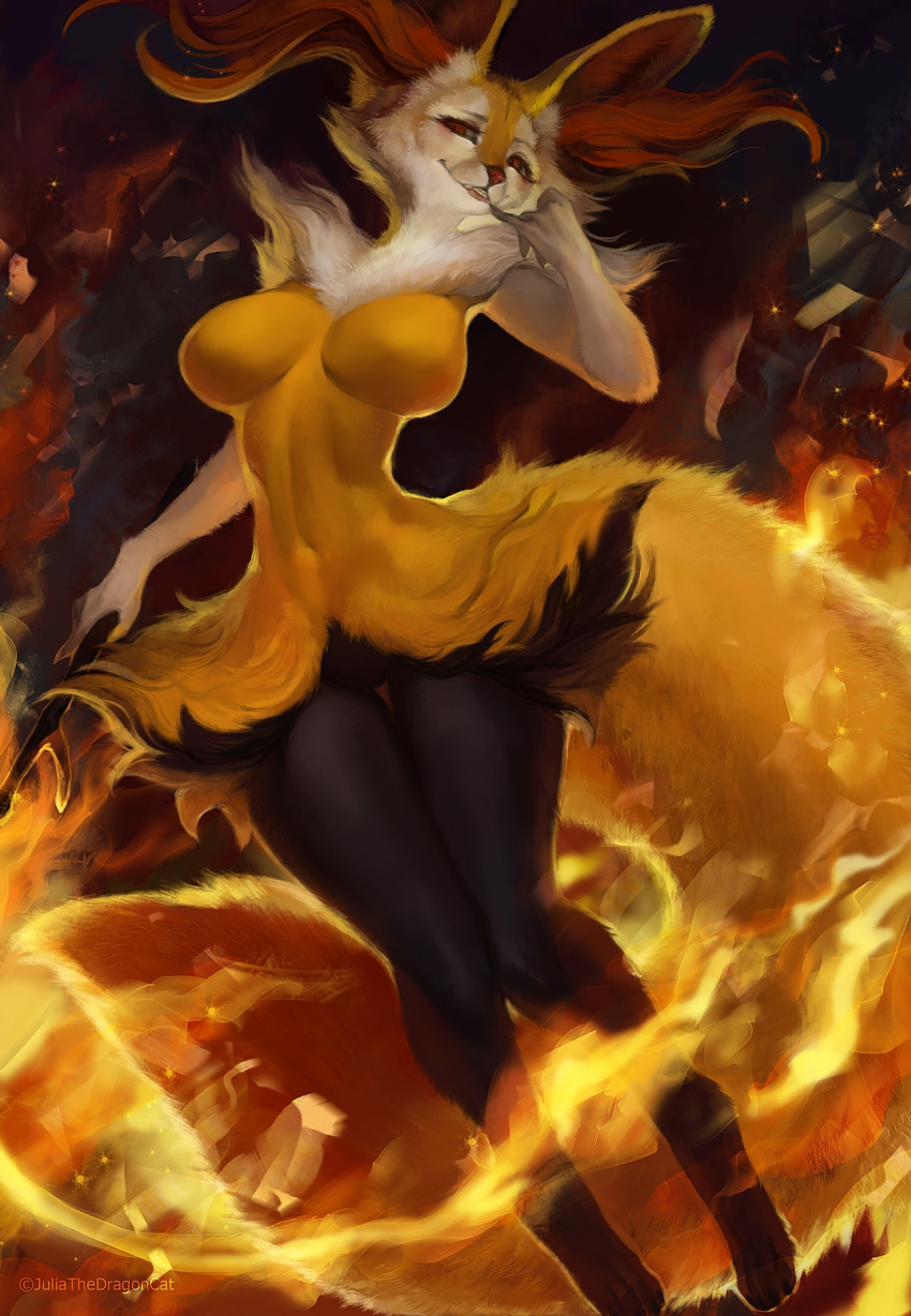 5_fingers anthro braixen breasts brown_eyes chest_tuft featureless_breasts featureless_crotch female fingers hi_res inner_ear_fluff juliathedragoncat navel neck_tuft nintendo pok&eacute;mon pok&eacute;mon_(species) solo thick_thighs thigh_gap tuft video_games yellow_eyes