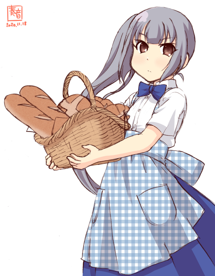 1girl alternate_costume apron artist_logo basket blue_apron blue_bow blue_neckwear blue_skirt blush bow bowtie bread checkered_apron closed_mouth dated employee_uniform eyebrows_visible_through_hair food gingham gingham_apron grey_hair high-waist_skirt highres holding holding_basket kanon_(kurogane_knights) kantai_collection kasumi_(kantai_collection) kobeya kobeya_uniform light_smile long_hair looking_at_viewer plaid plaid_apron pleated_shirt shirt short_sleeves side_ponytail signature silver_hair simple_background skirt solo uniform waitress white_background white_shirt yellow_eyes