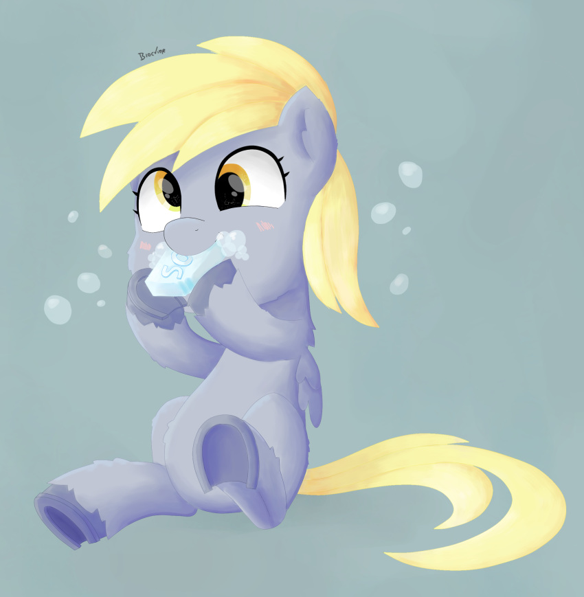 biocrine blonde_hair blush bubble derp_eyes derpy_hooves_(mlp) eating equid equine eyelashes female feral friendship_is_magic fur grey_body grey_fur hair hasbro hi_res hooves horse mammal my_little_pony pegasus pony soap soap_bubbles solo underhoof wings