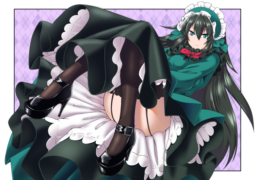 1girl bangs black_footwear black_hair bow breasts dress fetal_position gothic_lolita green_dress green_eyes gundam gundam_build_divers gundam_build_divers_re:rise hair_between_eyes hairband high_heels highres kawajuu lolita_fashion lolita_hairband long_hair looking_at_viewer may_(gundam_build_divers_re:rise) medium_breasts official_alternate_costume red_bow solo thighs very_long_hair